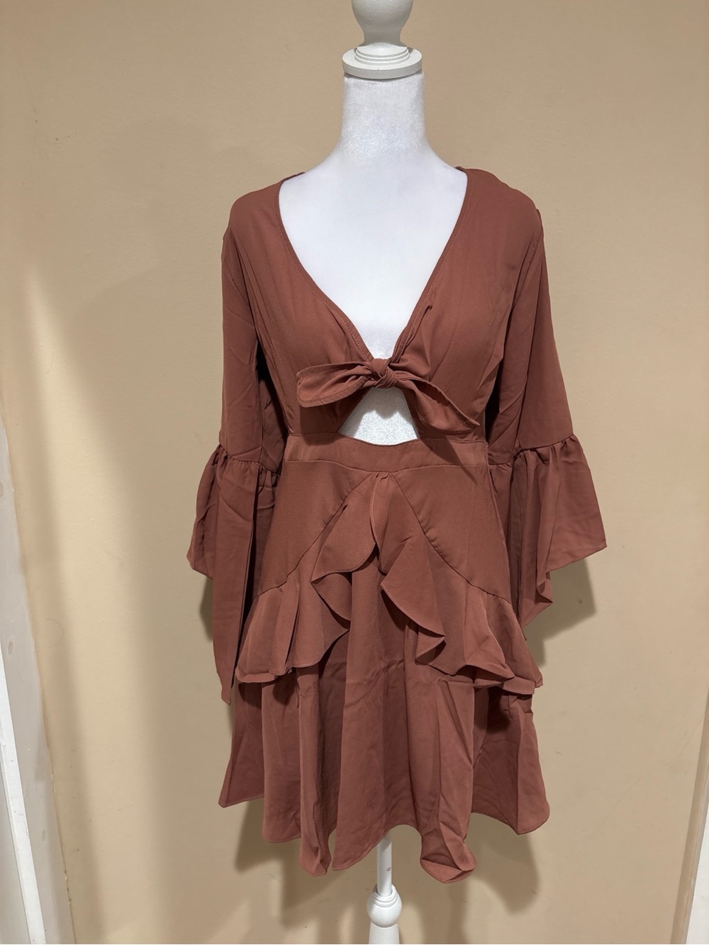 Hayden Rust Brown V-Neck Ruffle Dress
